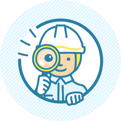 虫眼鏡を持って点検・調査をする作業員のイラスト