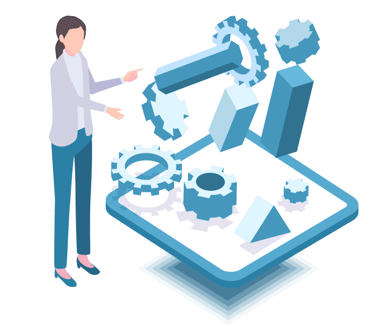 歯車や図形を前に説明する女性のイラスト