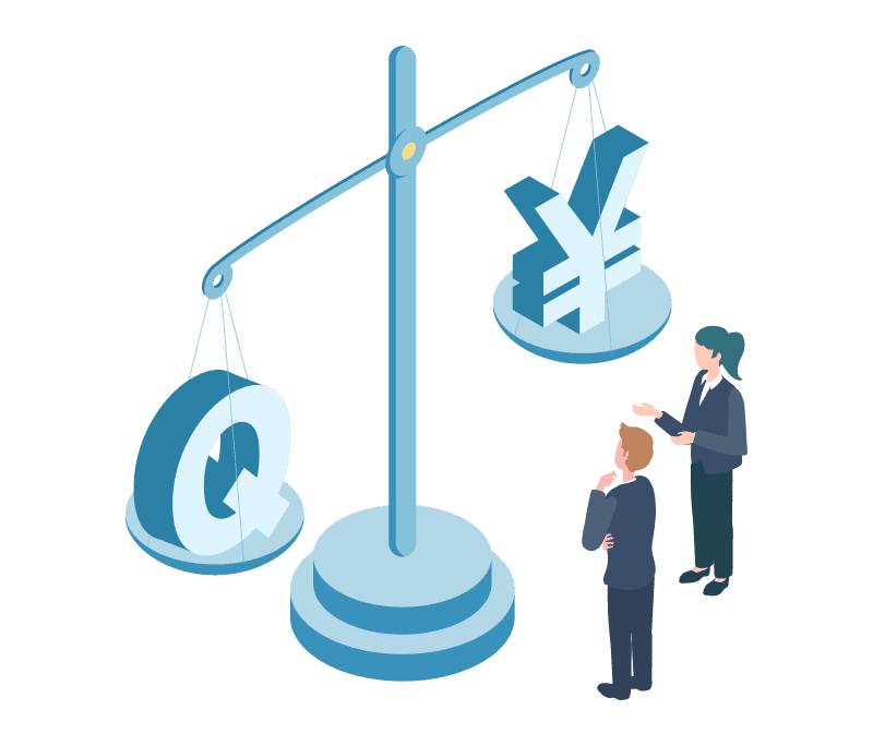 品質(Q)と価格(円マーク)を天秤にかけて検討する人々のイラスト